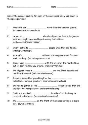 Spelling worksheets taken from National Curriculum Word list Years 5/6