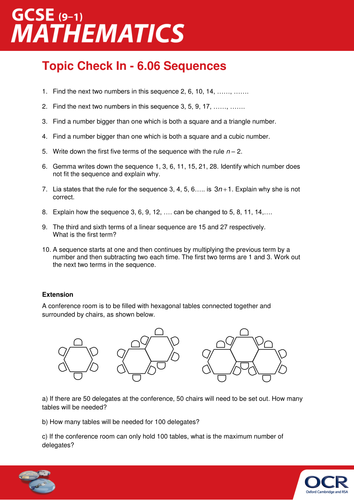 OCR Maths: Initial learning for GCSE - Check In Test 6.06 Sequences