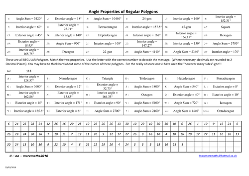 Angle Properties of Regular Polygons - coded message
