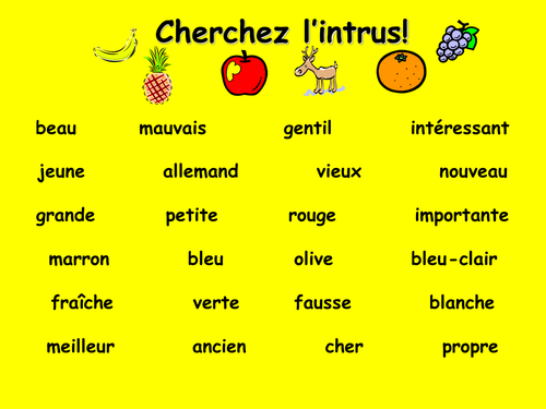 French Teaching Resources. Odd One Out Adjectives Warmer/ Starter Activity.