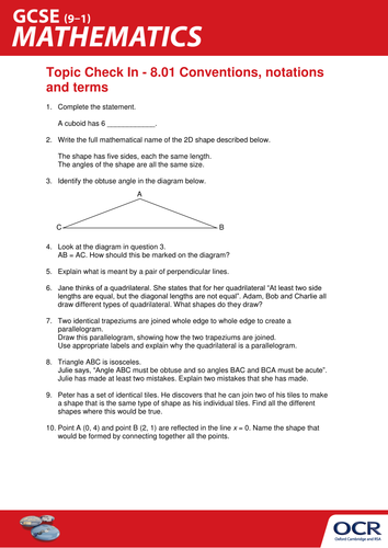OCR Maths: Initial learning for GCSE - Check In Test 8.01 Conventions, notation and terms