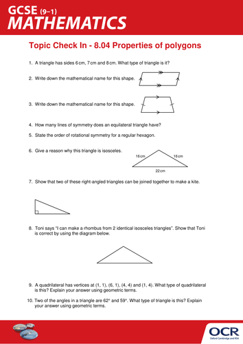 OCR Maths: Initial learning for GCSE - Check In Test 8.04 Properties of polygons