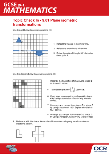 OCR Maths: Initial learning for GCSE - Check In Test 9.01 Plane isometric transformations