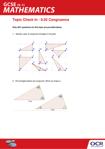OCR Maths: Initial learning for GCSE - Check In Test 9.02 Congruence