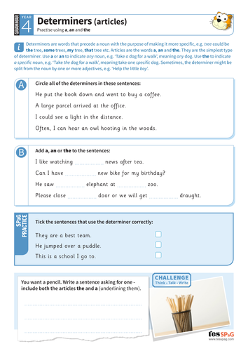 Year 4 SPaG Homework Determiners By TES Homework