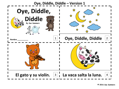 Spanish Nursery Rhyme Hey Diddle Diddle 2 Emergent Reader Booklets
