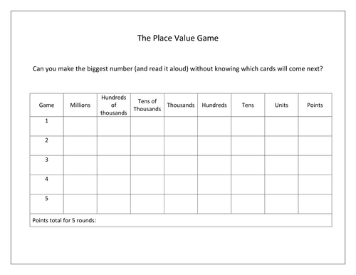 Place Value Game for primary numeracy