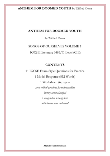 Anthem for Doomed Youth by Wilfred Owen: 11 IGCSE Style Questions_1 Worksheet and 1 Model Response