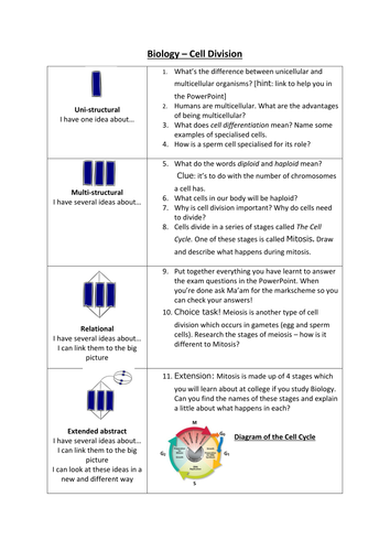 SOLO taxonomy Mitosis Worksheet