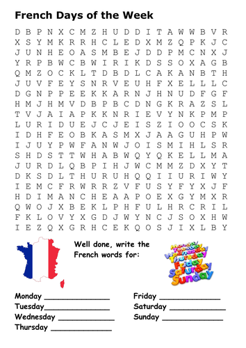 French Colours and Days of the Week Word Search