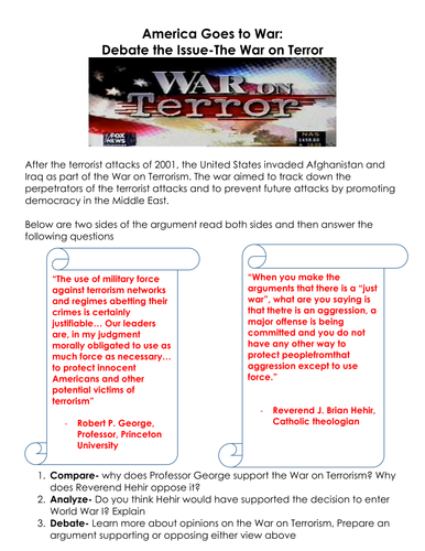 america-goes-to-war-debate-the-issue-the-war-on-terror-worksheet-and-discussion-mini-lesson