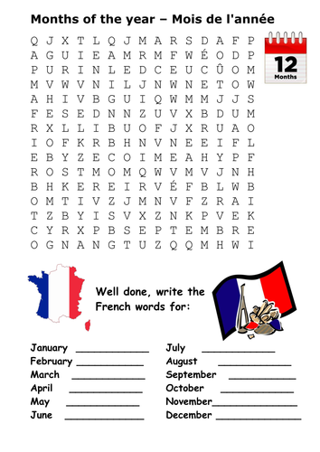 Months of the Year in French Word Search