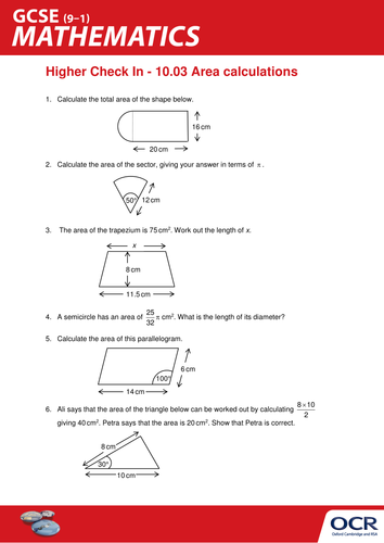 OCR Maths: Higher GCSE - Check In Test 10.03 Area calculations