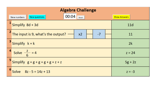 Sample version of Randomised GCSE Foundation and Higher Algebra starter questions