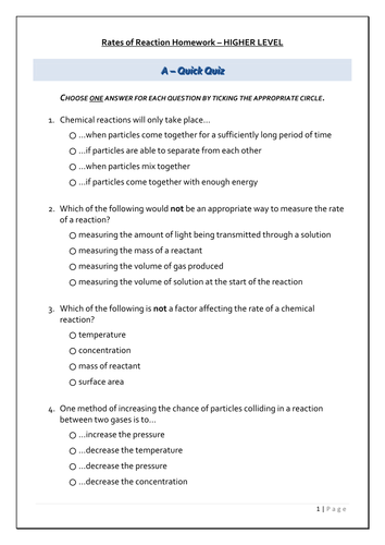 AQA GCSE Additional Science C2.4 Rates of Reaction Homework (Higher)