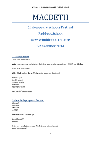 Macbeth (2014): Performance Script for pupils with autism and severe learning difficulties