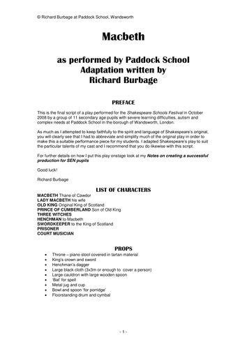Macbeth (2008): Performance Script for pupils with autism and severe learning difficulties