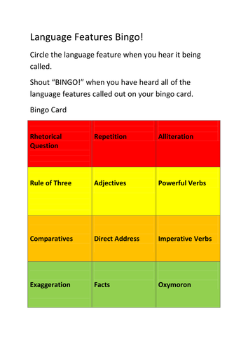 kindergarten reading practice worksheet for English Features Language GCSE Rachel Bingo by