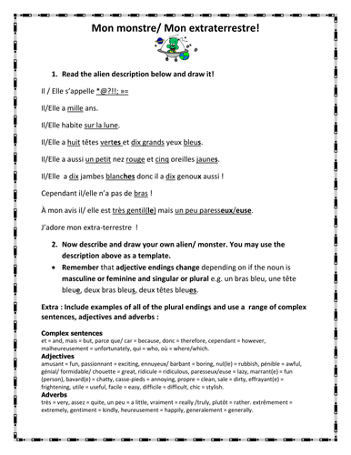 French Teaching Resources: My Alien! Body Parts, Adjectives, Plurals Worksheet.