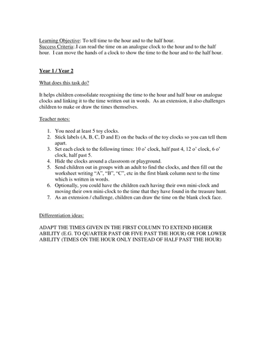 Year 1 and Year 2 Tell the time TREASURE HUNT editable worksheet