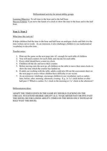 Year 1 and Year 2 Tell the Time Editable Maths Game