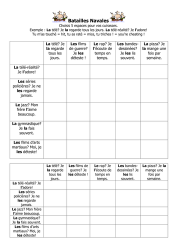 French Teaching Resources. PowerPoint & Battleships: Pronouns.