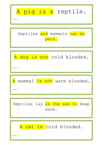 Phase 2 - 5 True or False Reptile statement cards