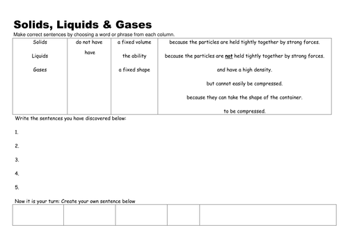 Solids, Liquids and Gases Sentence construction