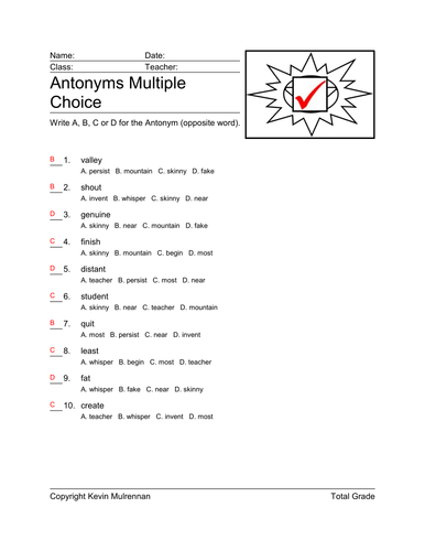 11+ Grammar School Antonym Questions Literacy Worksheets