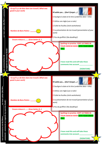 French teacher feedback marking sheet
