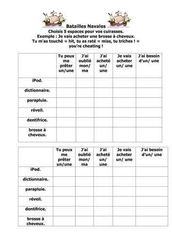 French Teaching Resources. PowerPoint & Battleships: On Exchange/ Holiday: Tu peux me prêter?