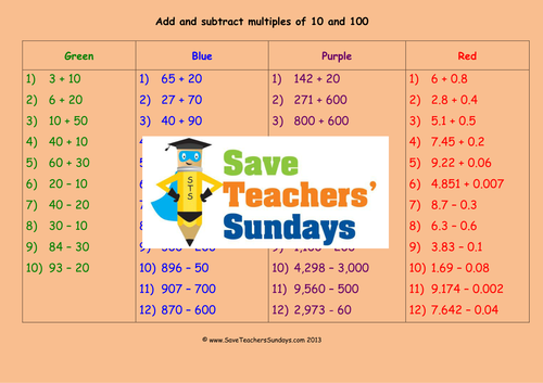 Adding and subtracting multiples of 10 and  100 Worksheets, Lesson Plans, Model & Plenary