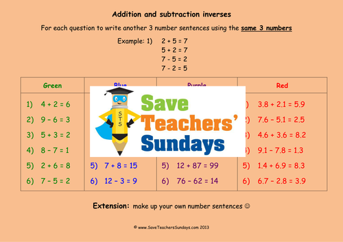 Addition and Subtraction As Inverse Operations  Worksheets and Lesson Plans
