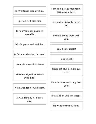 French Teaching Resources. Emphatic Pronouns: Matching Cards French - English.