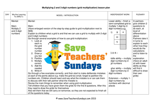Grid Method Multiplication Worksheets, Lesson Plans, Model, Guide & Plenary (2 lessons)