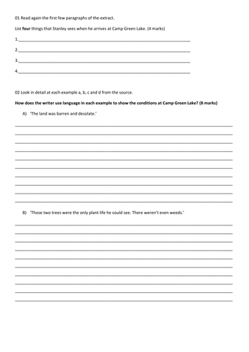 Reading exam/assessment - Holes by Louis Sachar