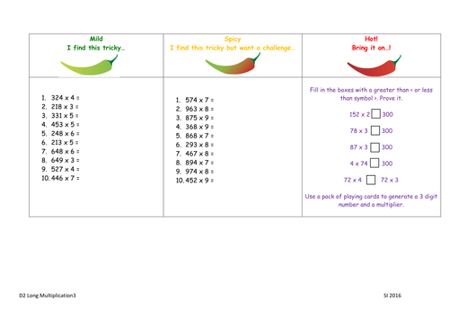 Year 4 multiplication 2/3 digit x 1 digit - 3 levels of differenatiated questions