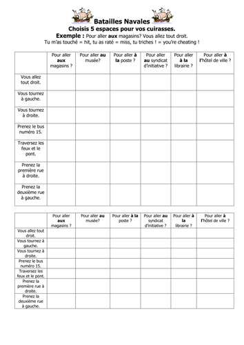 French Teaching Resources Battleships Game/ Lotto Grid & Matching Cards: Directions