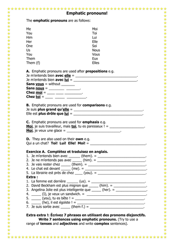 French Teaching Resources: Emphatic Pronouns Worksheet.
