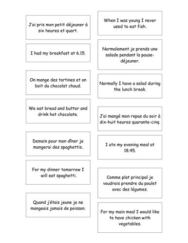 French Teaching Resources: Role Play & Matching Cards: Meals & a Range of Tenses.