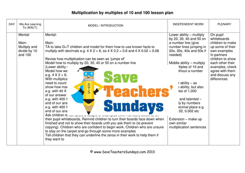 Multiplying by Multiples of 10 and 100 Worksheets, Lesson Plans, Model & Plenary