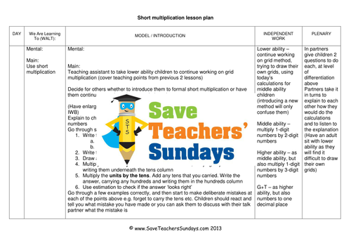 short multiplication worksheets lesson plans model guide plenary