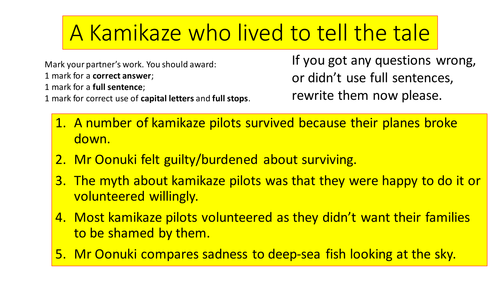 Kamikaze reading comprehension homework (AQA Poetry Anthology - Garland)