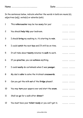 Deciding whether words in bold are nouns, verbs, adjectives or adverbs - worksheet