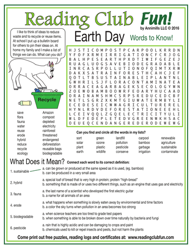 Environment-Related Words to Know (Earth Day) Word Search Puzzle