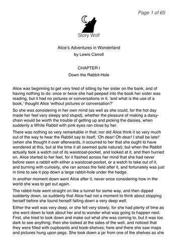 Guided Reading - Alice's Adventures in Wonderland by Lewis Carrol FULL TEXT (PDF/Word)