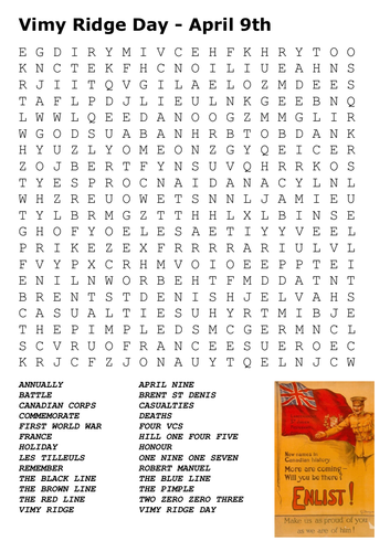 Vimy Ridge Day Canada Word Search