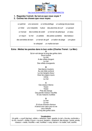 Teaching Resources: French Holiday Vocabulary Using Mr Bean's Holiday Extract