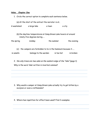 Holes By Louis Sacher Reading Prehension Questions