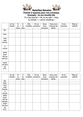 French Teaching Resources Battleships Game/ Lotto Grid & Song: Reflexives.